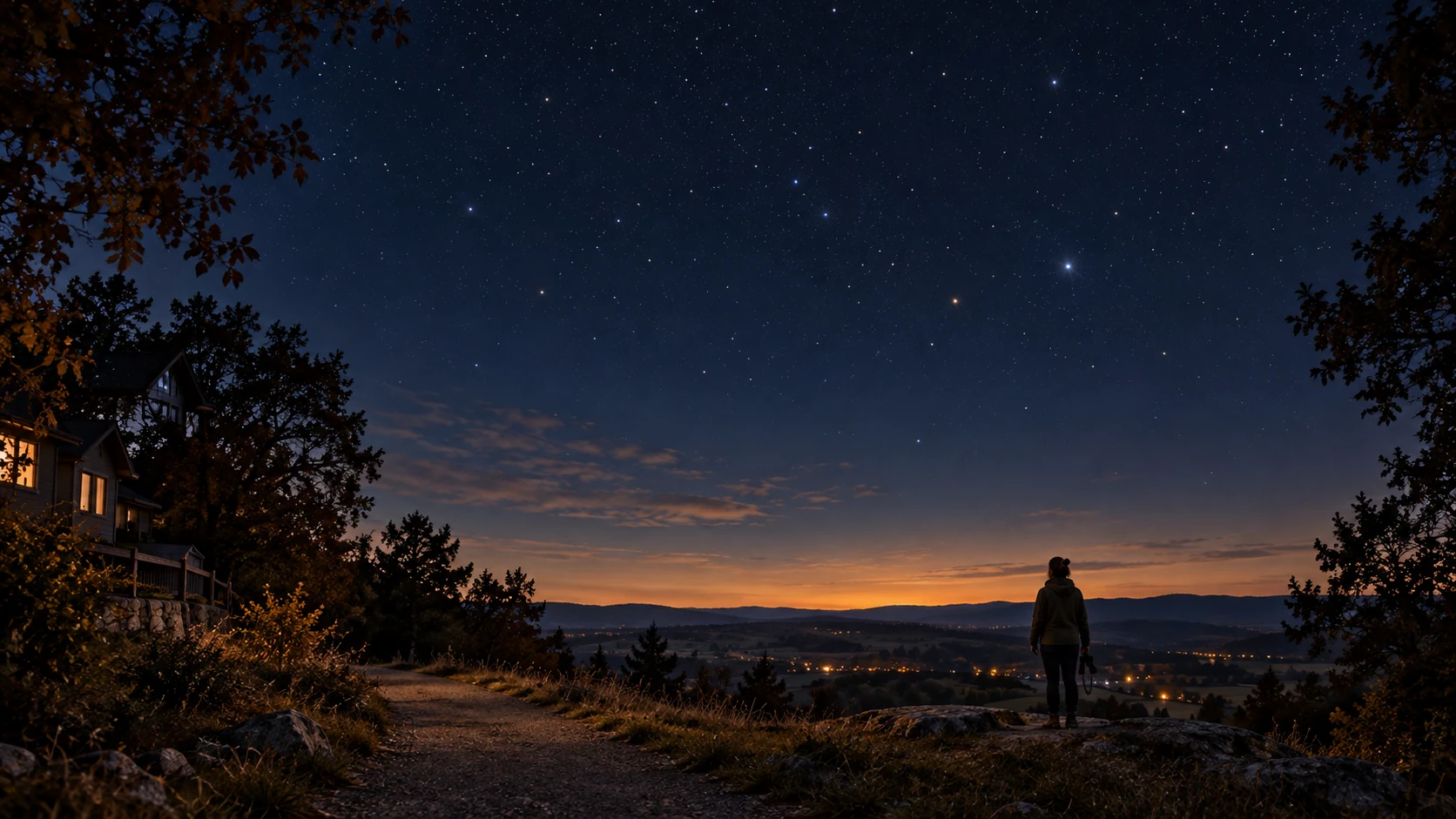 A beginner observer at the edge of a neighborhood looking across a dark landscape beneath a clear night sky.